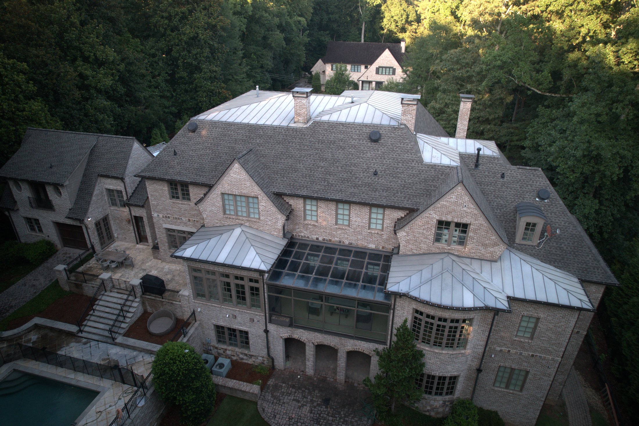 Completed roof replacement, aerial view